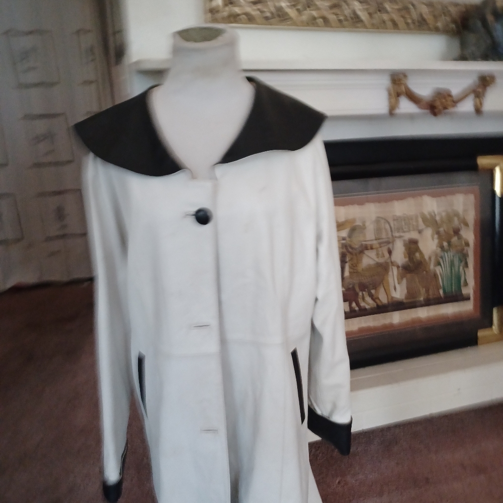 White lambskin leather black trim coats